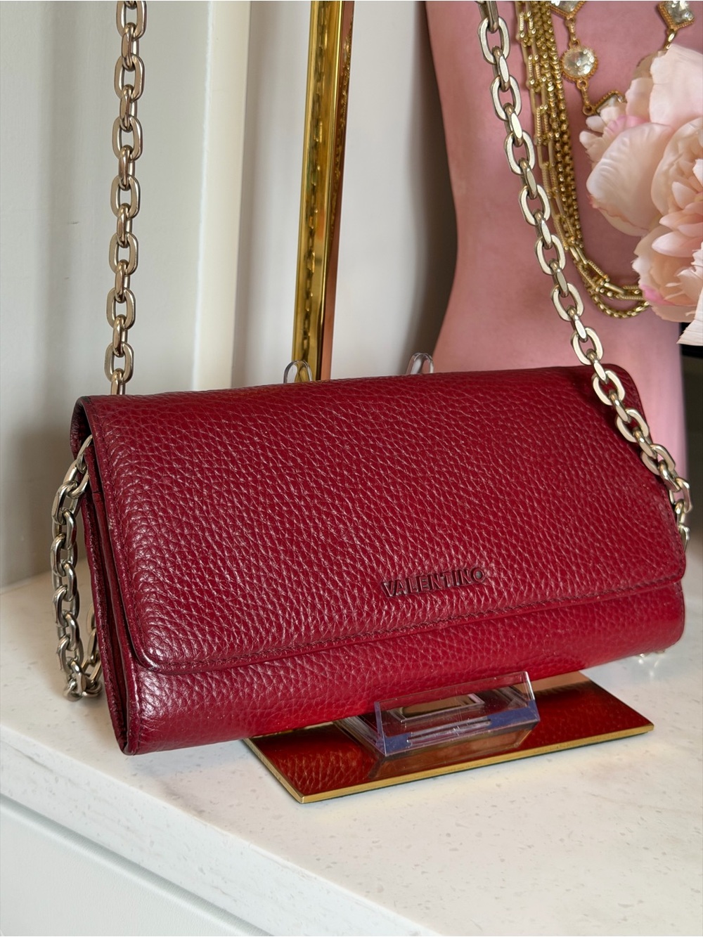 Mario Valentino EUC Red Leather Crossbody Shoulder Wallet original chain